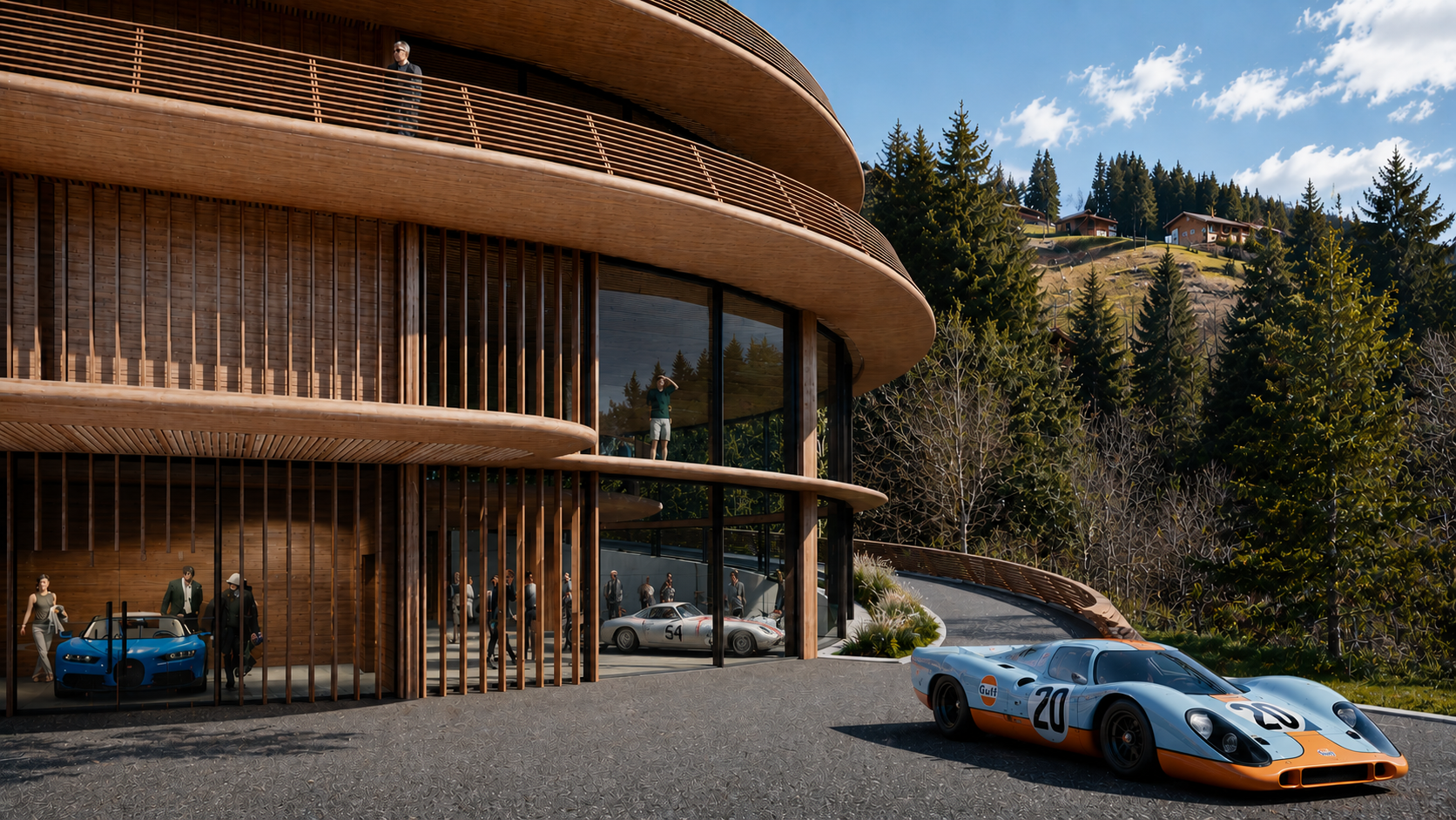 Curved timber terraces and automotive arrival at Gstaad House