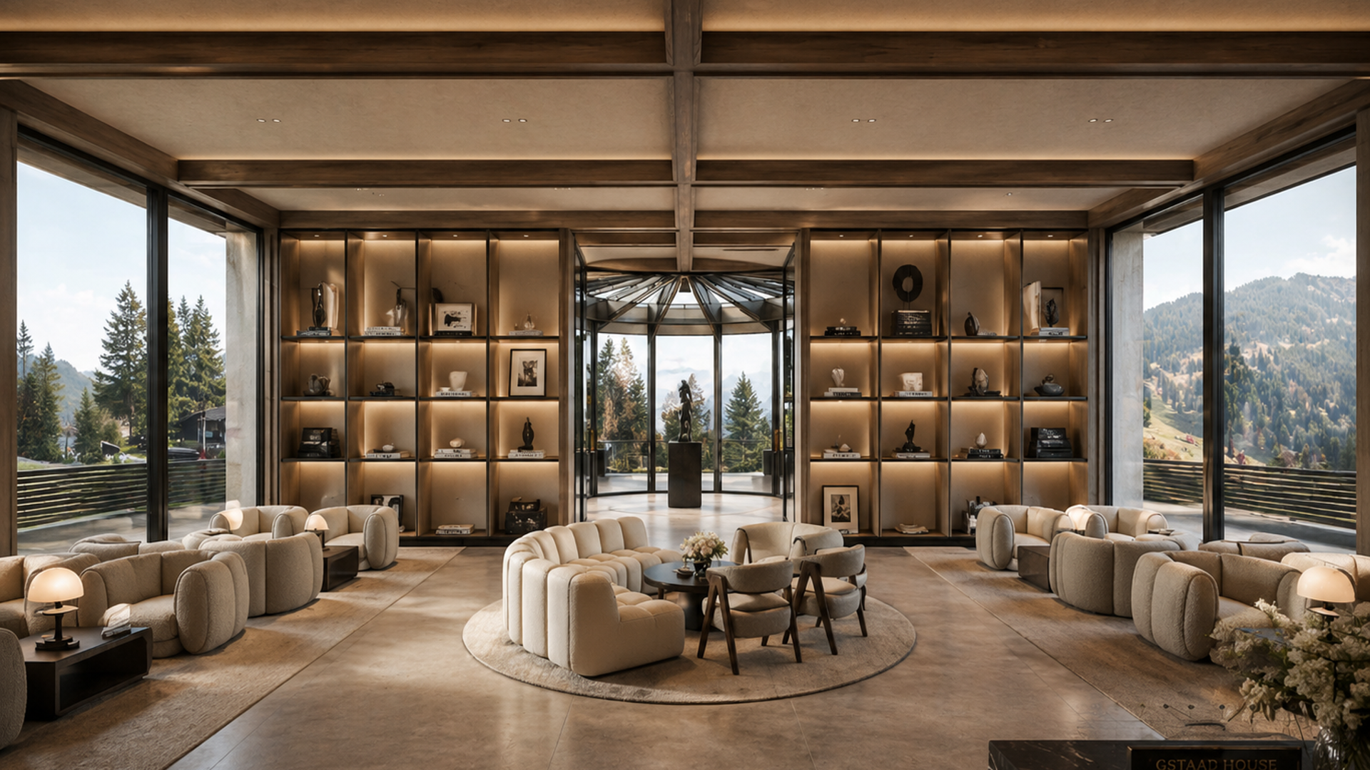 Gstaad House interior salon with illuminated display walls and Alpine views