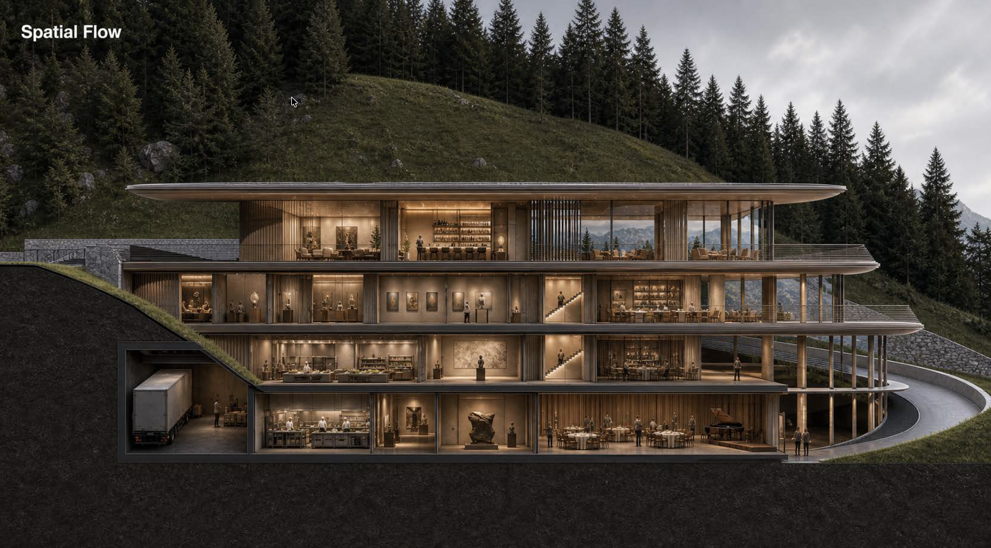 Sectional architectural visualisation showing spatial flow through Gstaad House