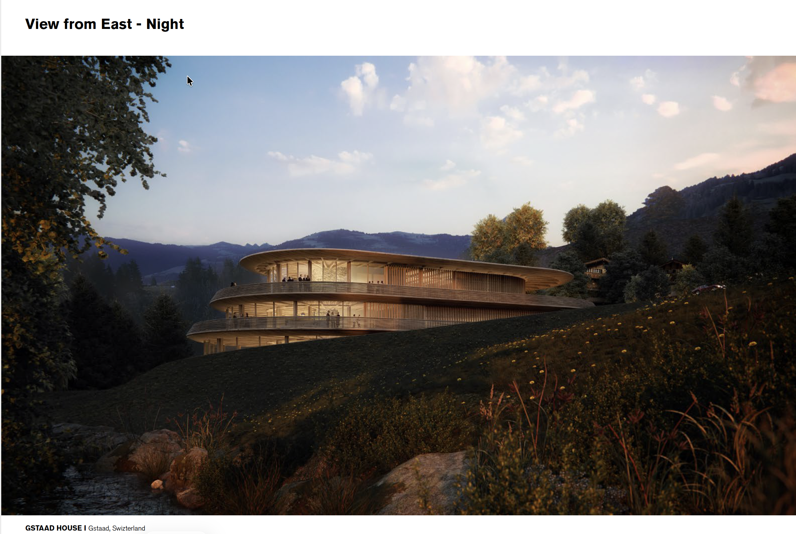 Evening view of Gstaad House from the east