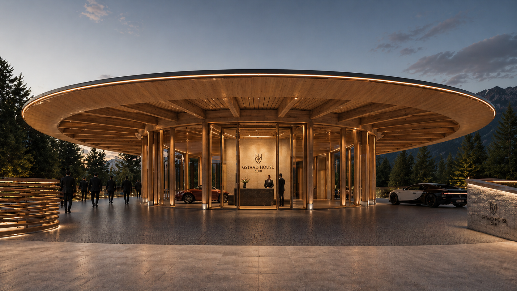 Evening arrival at the oval Gstaad House pavilion