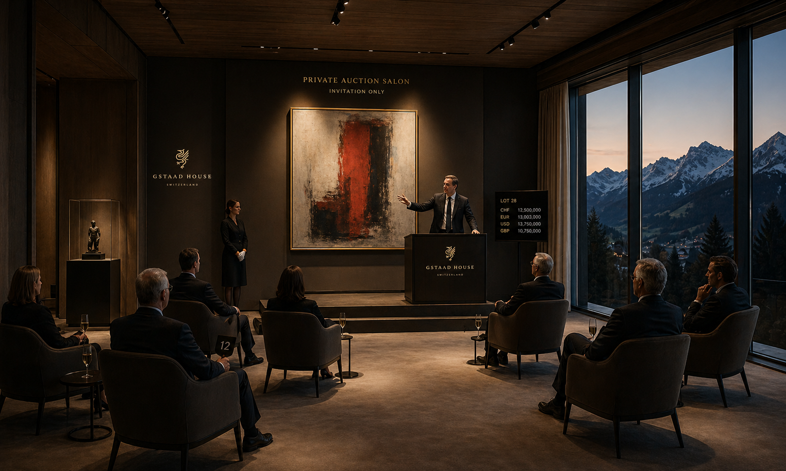 Private auction salon overlooking the Alps at Gstaad House