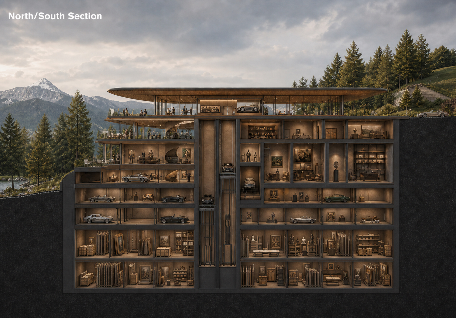 North/South sectional rendering of Gstaad House showing hospitality, collection and storage levels