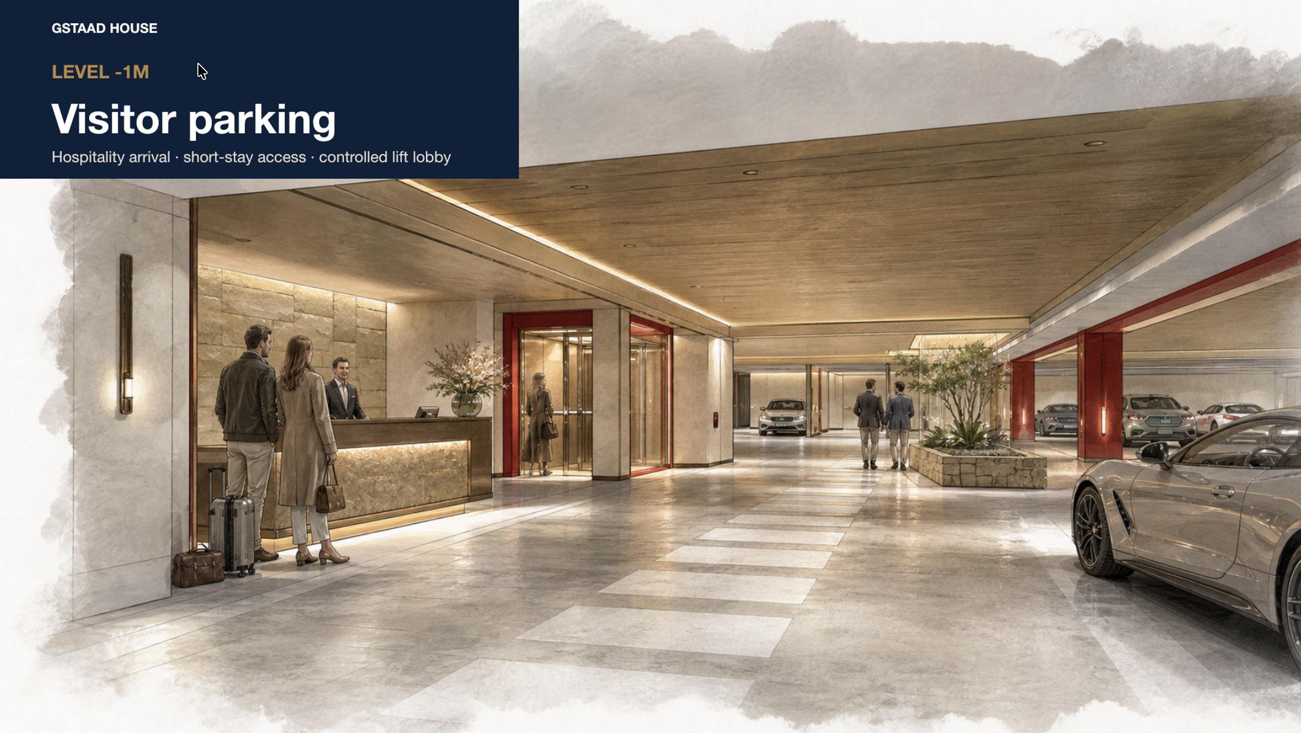Visitor parking level and discreet arrival sequence