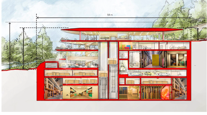Architectural section study showing the levels of Gstaad House