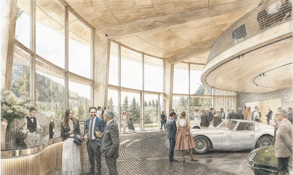 Illustrated arrival gathering inside Gstaad House